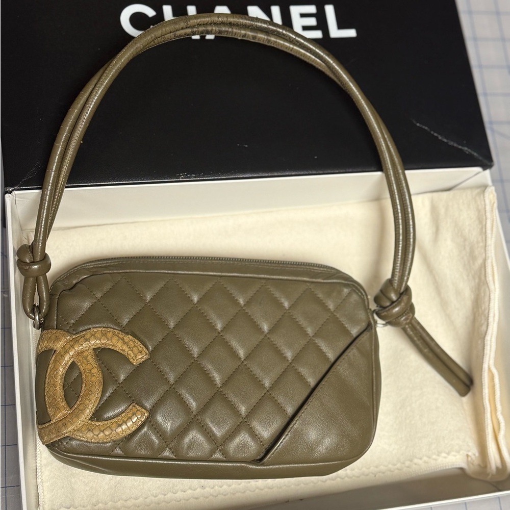 Chanel Cambon Ligne Pochette in khaki/olive green lambskin with a python CC logo
